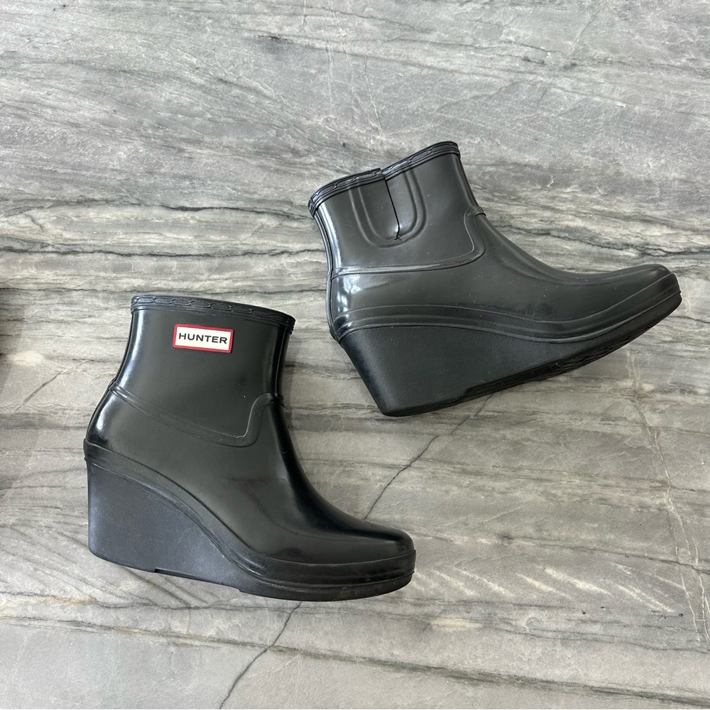 Hunter Aston Black Glossy Wedge Waterproof Wellies Rubber Rain Boots size 9